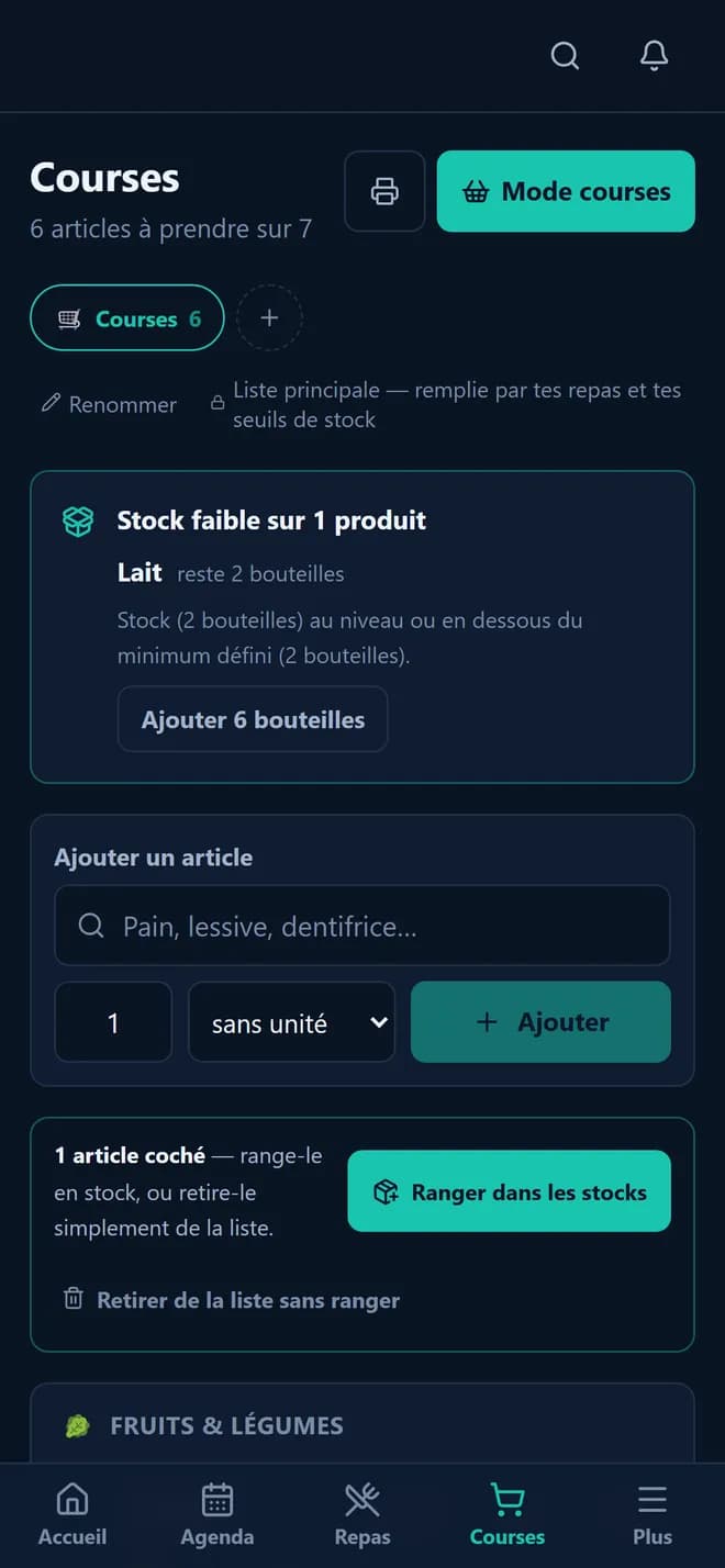 La liste de courses sur téléphone, avec l’alerte de stock faible
